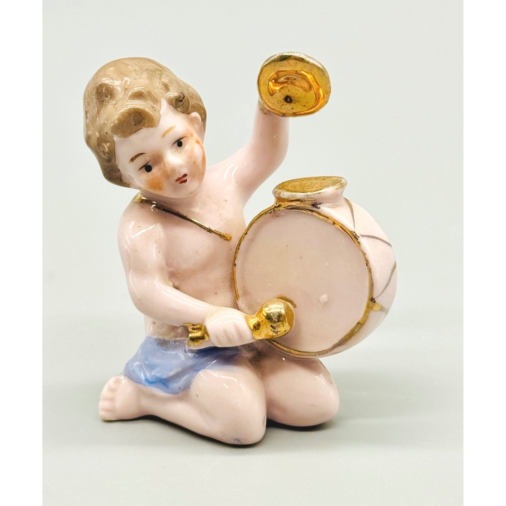 Vintage Cherub Figurine Made in Japan Porcelain Putti Drummer 2.75 inch‎
